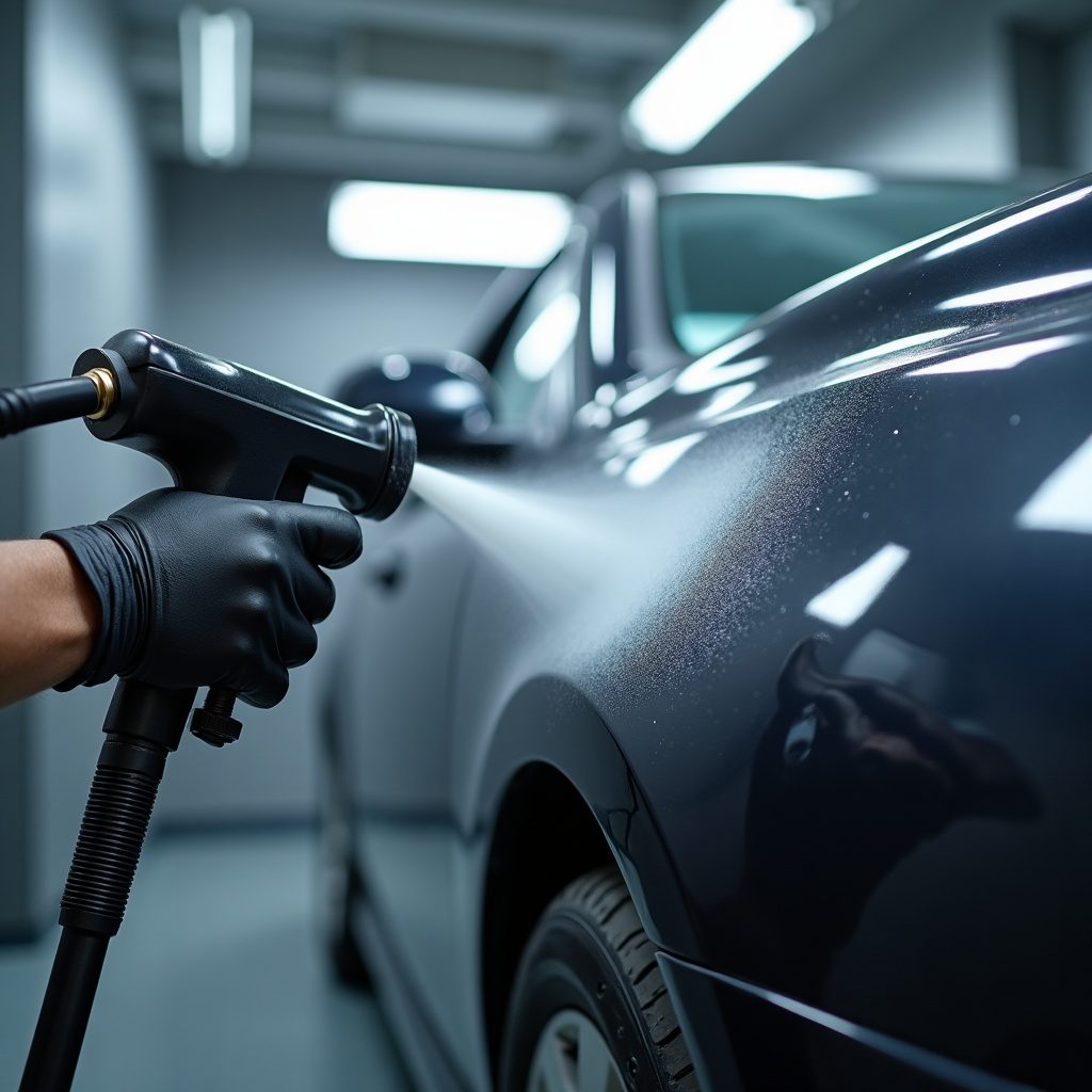 Applying automotive paint to a panel in the booth
