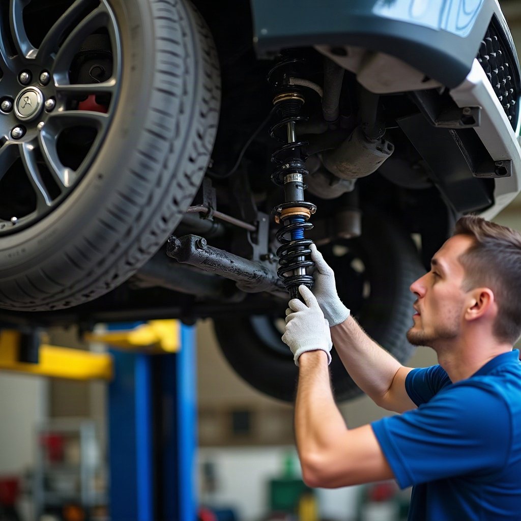 Mechanic replacing a shock and control arm on a lifted car