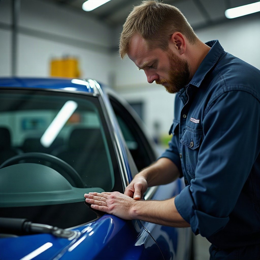 Technician fitting a new windshield into a car